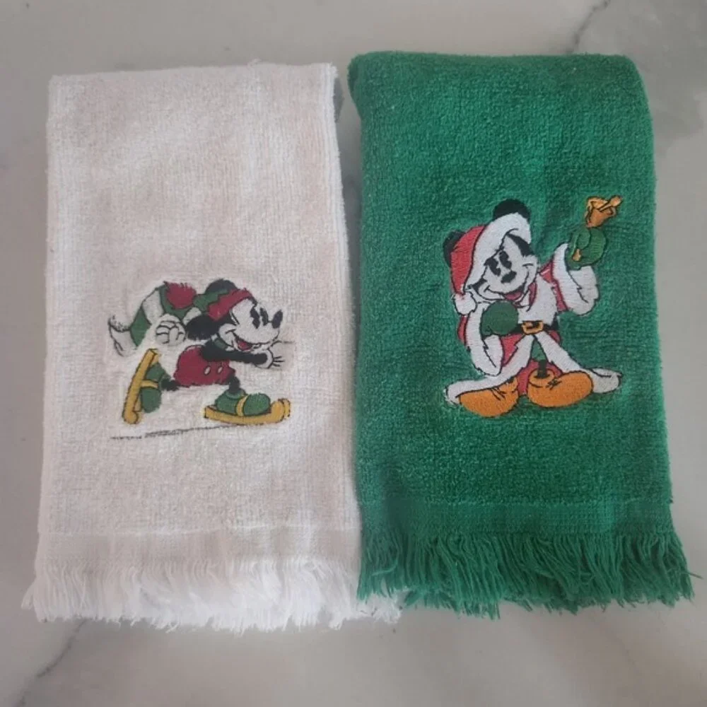 Vintage Disney Mickey Mouse Christmas Hand Towels‎ Set White Green Embroidered
